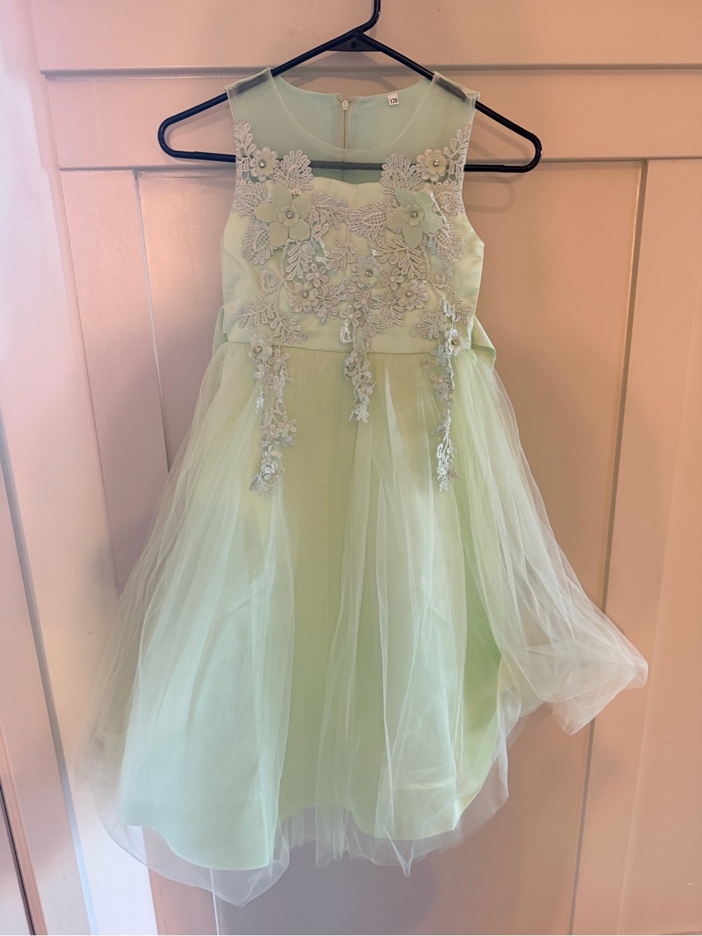 Mint Green Floral Appliqué Tulle Party Dress for Girls